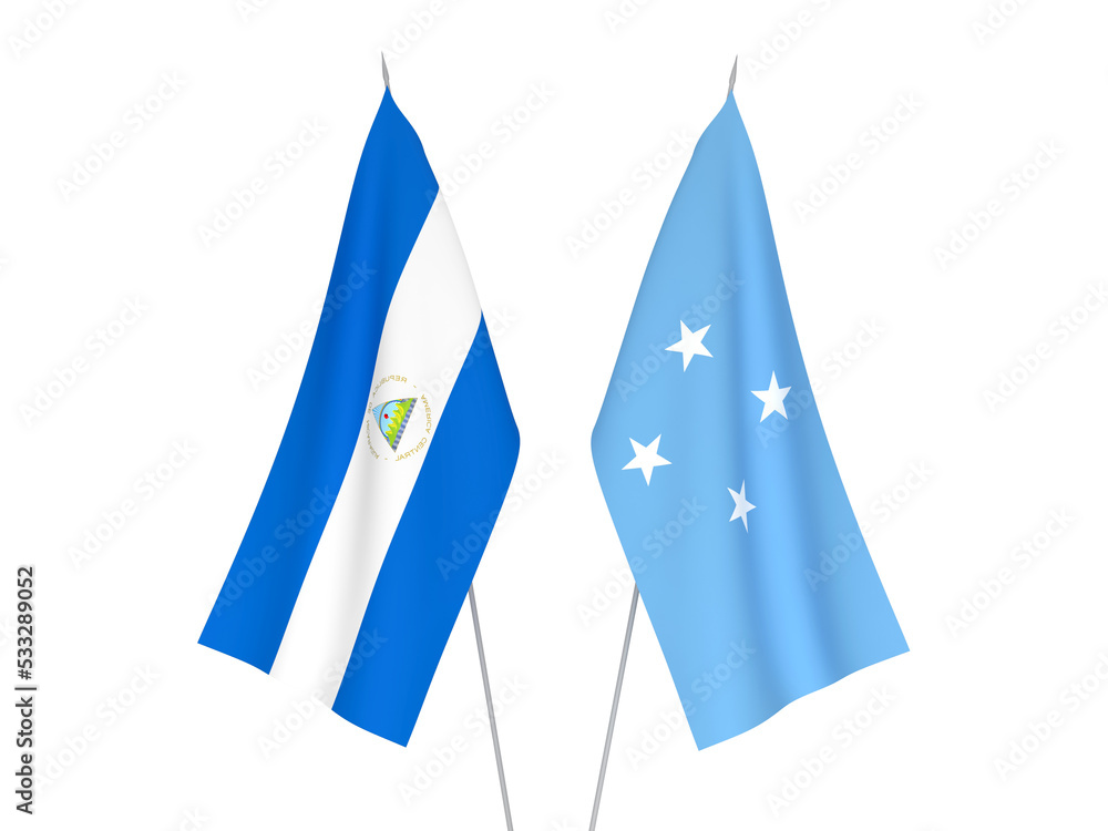 Obraz premium National fabric flags of Nicaragua and Federated States of Micronesia isolated on white background. 3d rendering illustration.