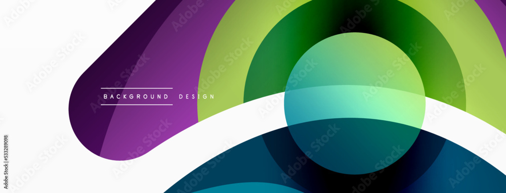 Abstract background with color geometric shapes. Beautiful minimal backdrop with round shapes circles and lines. Geometrical design. Vector illustration