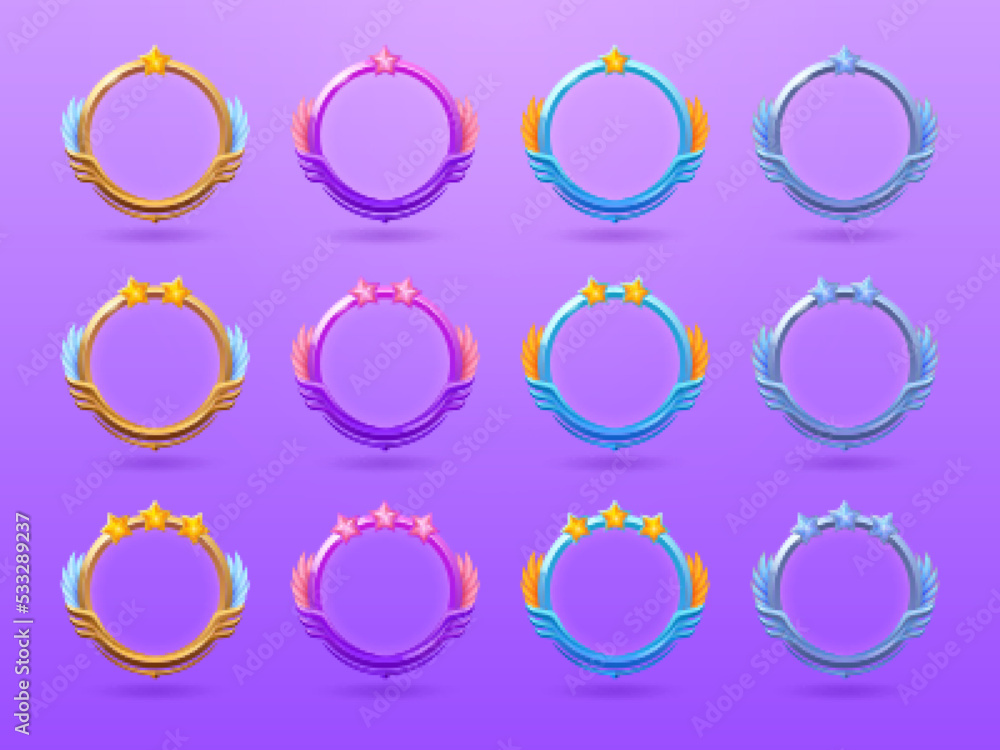 Round ui game avatar frames, fantasy empty borders with level stars and wings. Cartoon yellow, blue and purple circular rims, isolated graphic gui elements for mmo rpg, Cartoon vector templates set Round ui game avatar frames, fantasy empty borders with level stars and wings. Cartoon yellow, blue and purple circular rims, isolated graphic gui elements for mmo rpg, Cartoon vector templates set