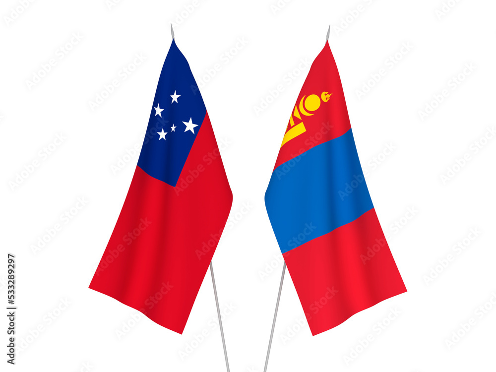 National fabric flags of Mongolia and Independent State of Samoa isolated on white background. 3d rendering illustration.