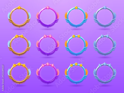 Round ui game avatar frames, fantasy empty borders with level stars and wings. Cartoon yellow, blue and purple circular rims, isolated graphic gui elements for mmo rpg, Cartoon vector templates set