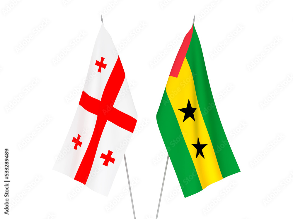 Fototapeta premium National fabric flags of Georgia and Saint Thomas and Prince isolated on white background. 3d rendering illustration.