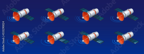 Communication satellite with antenna and abstract signal waves. Telecommunication or gps system station on Earth orbit, vector isometric animation sprite sheet
