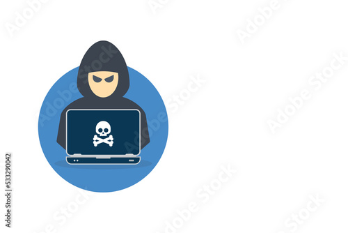 Hacker, Cyber criminal with laptop stealing user personal data. Hacker attack and web security. Cyber attack. Internet phishing concept. Vector illustration