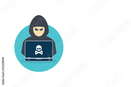 Hacker, Cyber criminal with laptop stealing user personal data. Hacker attack and web security. Cyber attack. Internet phishing concept. Vector illustration