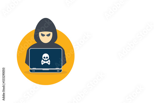 Hacker, Cyber criminal with laptop stealing user personal data. Hacker attack and web security. Cyber attack. Internet phishing concept. Vector illustration