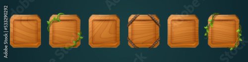 Square wooden frames for game user avatar. Empty boards from brown wood with jungle vines and ropes, game buttons isolated on background, vector cartoon set