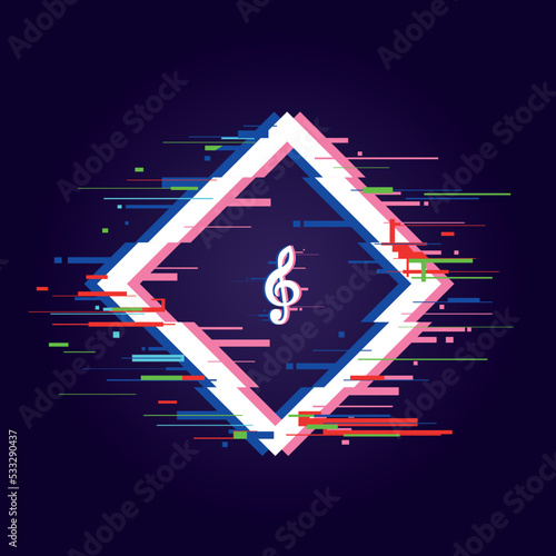 Music note warning page. Glitch effect banner. Square dynamic frame design with music note sign
