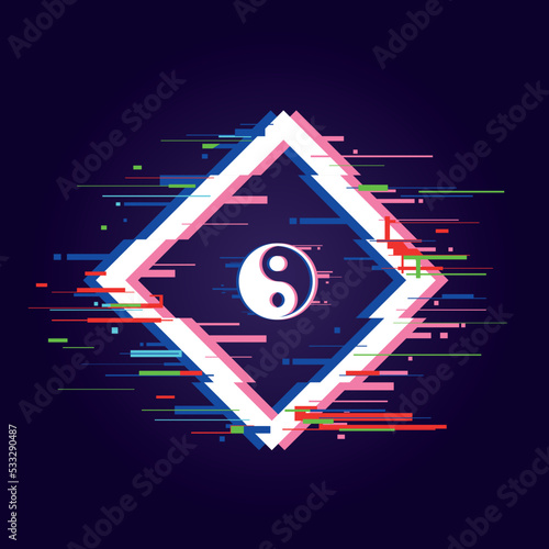 Yin yang web page. Glitch effect banner. Square dynamic frame design with yin yang sign