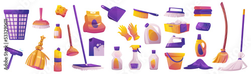 Equipment for house cleaning, brushes, soap, brooms, gloves and domestic detergents. Household chemicals in bottles, washing powder, buckets, dustpan and iron, vector cartoon set