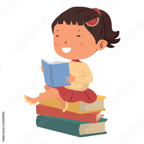 Girl reading the book Sitting on Pile of Books