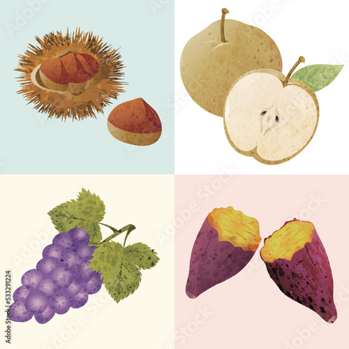 秋　秋の味覚　贈りもの　贈答品　果物　水彩　アナログタッチ　かわいい　おしゃれ　イラスト素材セット