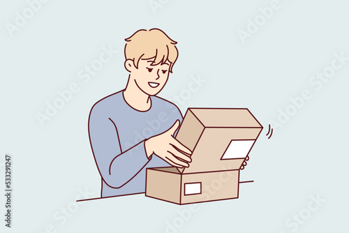 Excited young man open cardboard box shopping online. Smiling male client or customer unpack post parcel ordering goods on internet. Vector illustration.