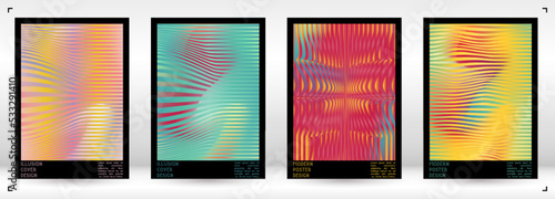 Geometrical Poster Design with Optical Illusion Effect.  Minimal Psychedelic Cover Page Collection. Colorful Wave Lines Background. Fluid Stripes Art. Swiss Design. Vector Illustration for Placard.