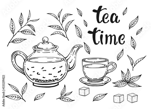 Tea set isolated on white background. Leaves, teapot and cup. Hand drawn vector illustration in outline style.