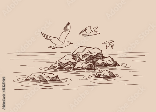 Landscape, sea, rocks, seagulls. Hand drawn illustration