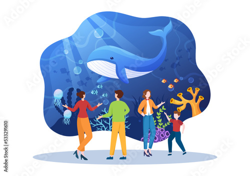 Aquarium Template Hand Drawn Cartoon Flat Illustration with Family and Kids Looking at Underwater Fish, Sea Animals Variety, Marine Flora and Fauna