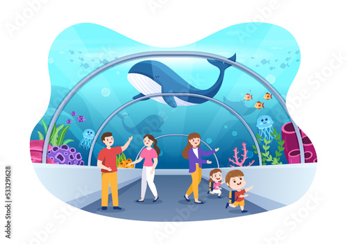 Aquarium Template Hand Drawn Cartoon Flat Illustration with Family and Kids Looking at Underwater Fish, Sea Animals Variety, Marine Flora and Fauna