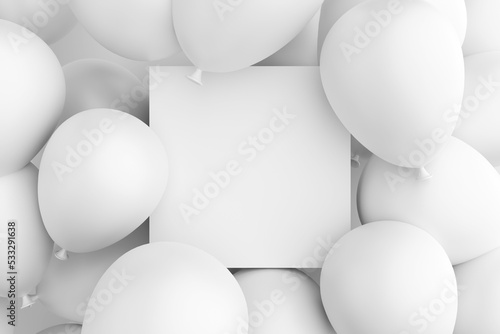 Empty blank white sign or frame surrounded with white air balloons. Background or mockup for celebrations  party  greetings and invitations.