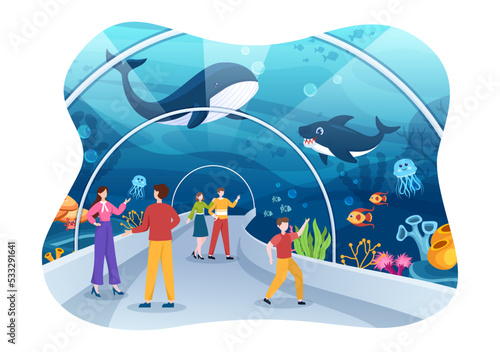 Aquarium Template Hand Drawn Cartoon Flat Illustration with Family and Kids Looking at Underwater Fish, Sea Animals Variety, Marine Flora and Fauna