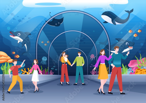 Aquarium Template Hand Drawn Cartoon Flat Illustration with Family and Kids Looking at Underwater Fish, Sea Animals Variety, Marine Flora and Fauna