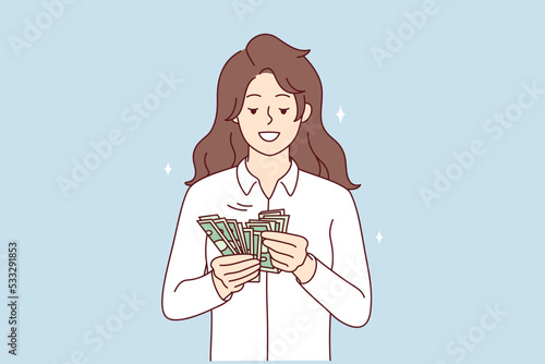 Smiling rich woman holding dollar bills in hands excited with win or promotion. Happy female count money joyful with income or revenue. Vector illustration. 