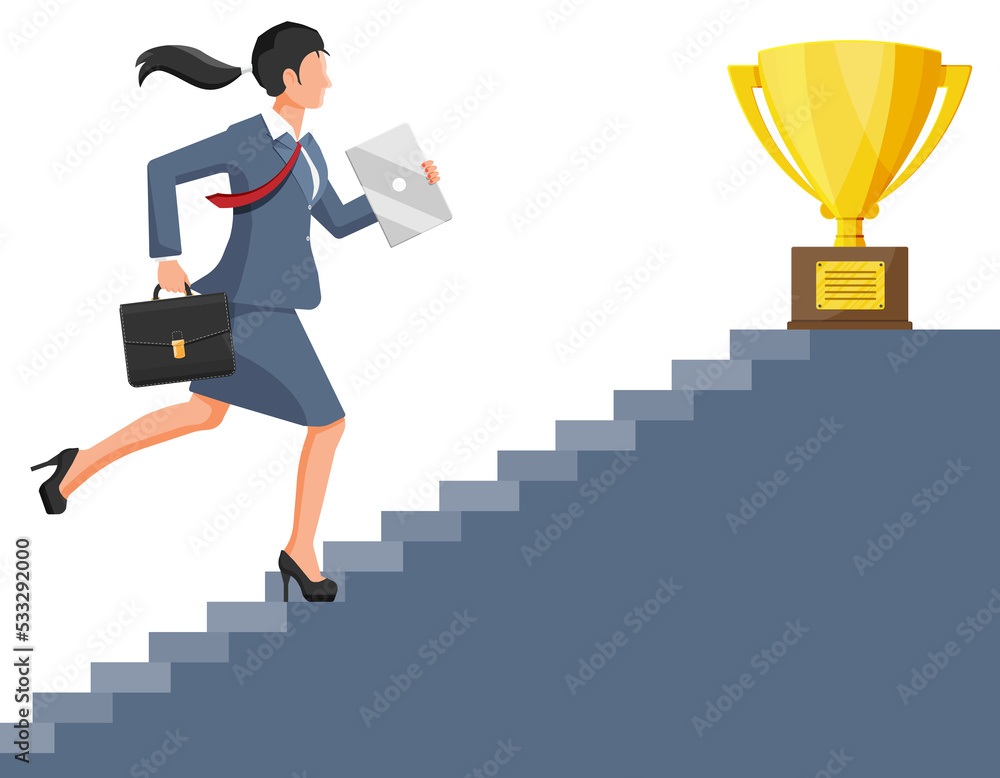 Businesswoman and gold trophy on ladder of success
