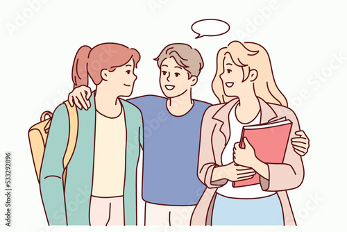 Smiling young guy flirting with female mates. Male hug talk with millennial girls in college or university. Vector illustration. 