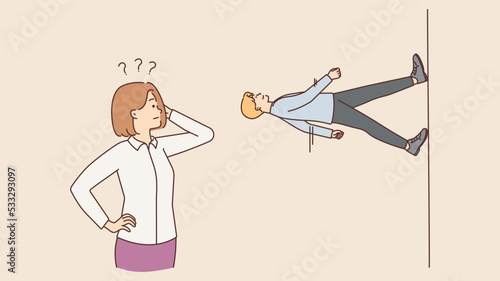 Confused woman walking man walking another direction 