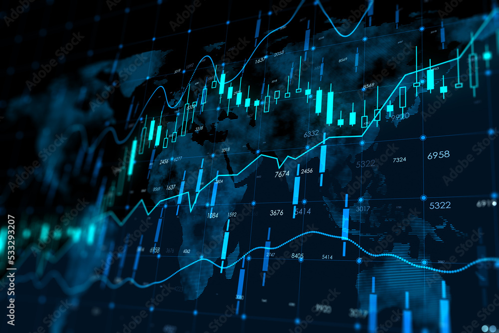 Perspective view on digital screen with glowing financial chart graphs ...