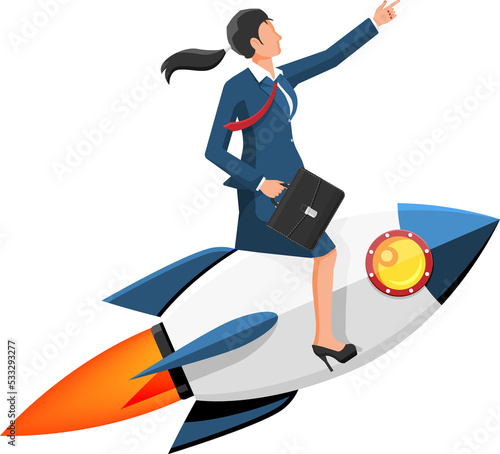 Successful businesswoman flying on rocket