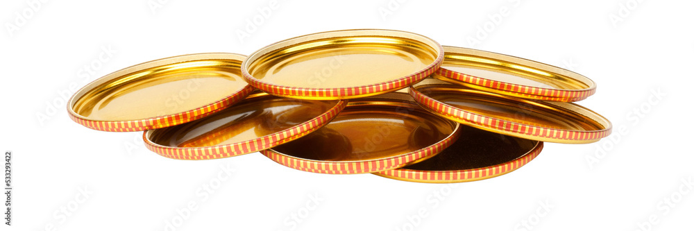 gold metal jar lids isolated on white background