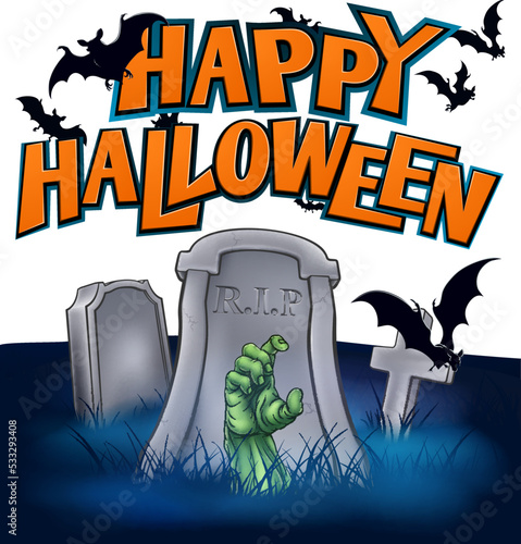 A Happy Halloween background design with cartoon bats and monster hand coming out of a grave in a graveyard
