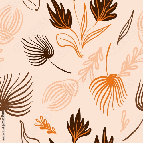 Abstract tropical leaves and florals seamless pattern. Boho autumn print for fabric  textile  exotic wallpaper  cover  wedding decoration. Vector repeat background in warm fall colors