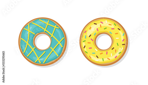 Donuts with glossy icing. Two sweet glazed doughnuts. Confectionery dessert. Top view of birthday pastry isolated on white background. Flat cartoon design. Vector illustration.