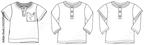 flat sketch set of boys henley neck t shirt vector illustration. CAD mockup.