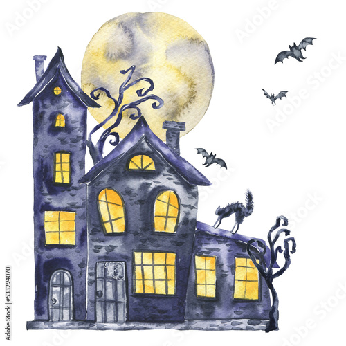 Halloween illustration with black house. Watercolour design. © Ann Lou