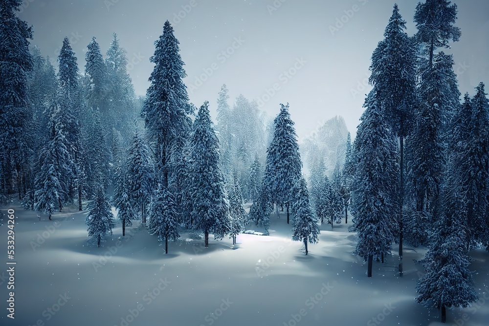 Winter landscape. Winter road and trees covered with snow. 3d render, Raster illustration.