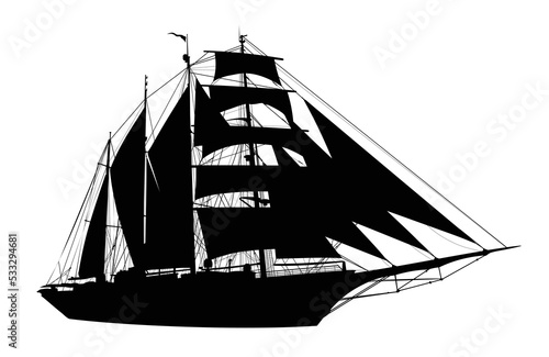 The silhouette of a large sailing ship.