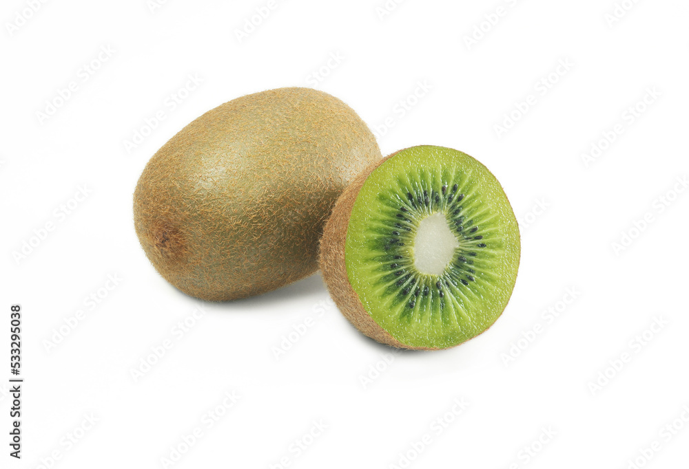 Whole kiwi fruit and half kiwi fruit on white Whole kiwi fruit and half kiwi fruit on white