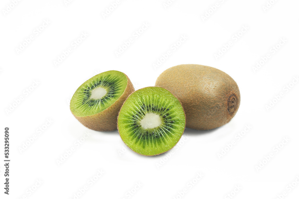 Whole kiwi fruit and half kiwi fruit on white Whole kiwi fruit and half kiwi fruit on white