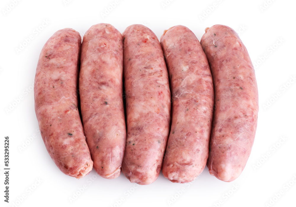 Raw German, Munich, Bavarian, sausages isolated on white background. With clipping path. Raw German, Munich, Bavarian, sausages isolated on white background. With clipping path.