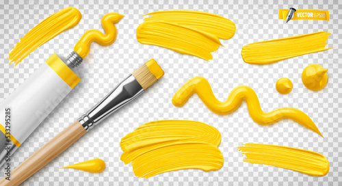 Vector realistic illustration of a yellow paint tube, paintbrush and brush strokes on a transparent background. © He2