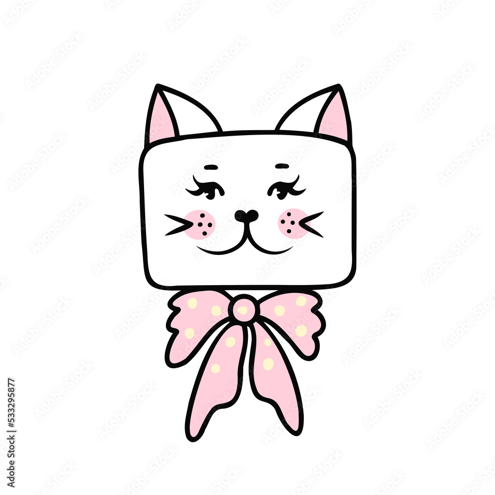 Cat face with bow, girl. Vector Illustration for printing, backgrounds, covers and packaging. Image can be used for greeting cards, posters, stickers and textile. Isolated on white background. Cat face with bow, girl. Vector Illustration for printing, backgrounds, covers and packaging. Image can be used for greeting cards, posters, stickers and textile. Isolated on white background.