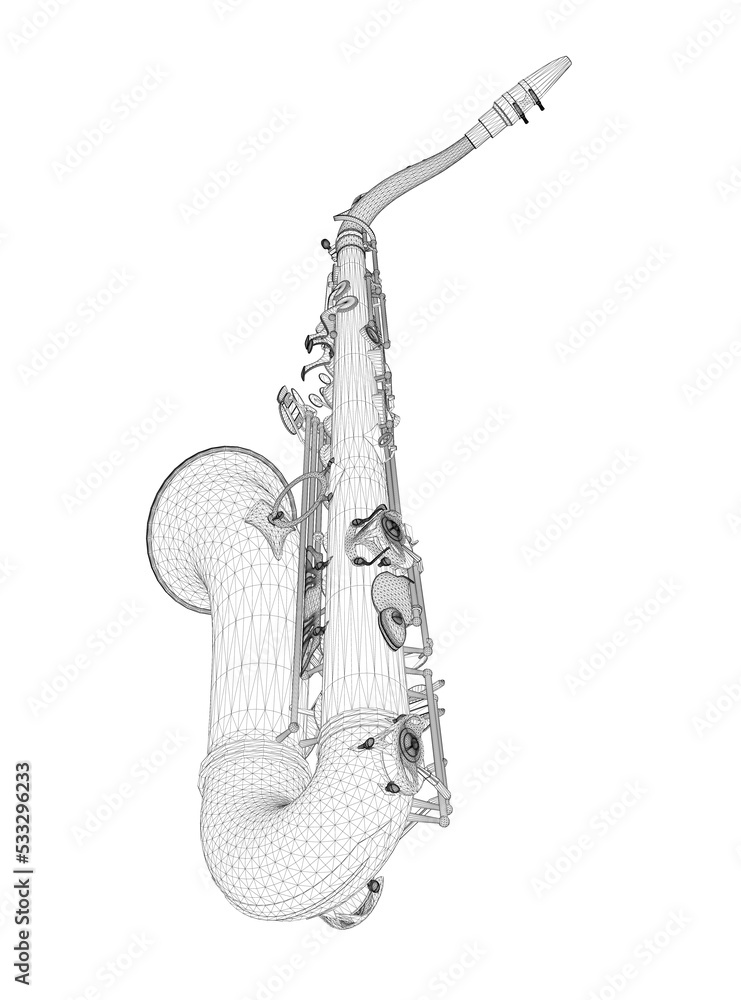 Naklejka premium Saxophone wireframe from black lines isolated on white background. Perspective view. 3D. Vector illustration.