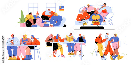Friends spend time together, play games, eat and walk. Young people group sitting in bar with drinks, at table in cafe, playing video and board games, vector flat illustration