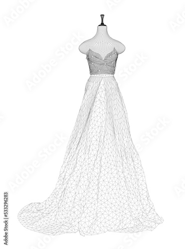 Wireframe of a wedding dress on a mannequin from black lines isolated on a white background. Front view. 3D. Vector illustration.