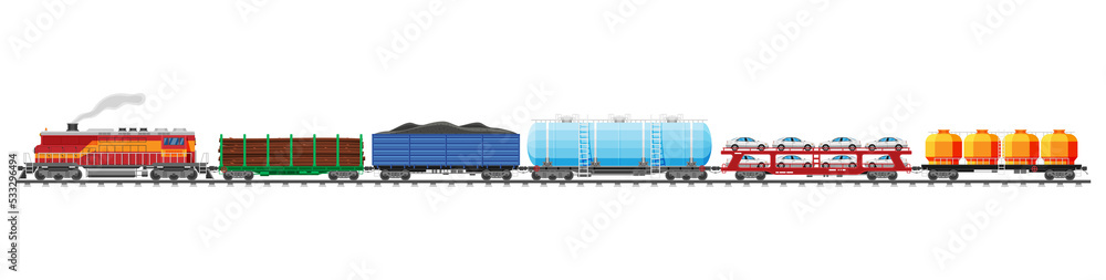 Set of train cargo wagons, cisterns, tanks, cars Set of train cargo wagons, cisterns, tanks, cars