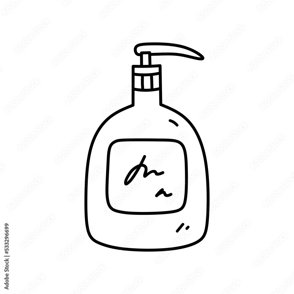 Plastic bottle with dispenser isolated on white background. Tube for liquid soap, detergent, gel, lotion. Vector hand-drawn illustration in doodle style.Suitable for decorations, logo, various designs Plastic bottle with dispenser isolated on white background. Tube for liquid soap, detergent, gel, lotion. Vector hand-drawn illustration in doodle style.Suitable for decorations, logo, various designs