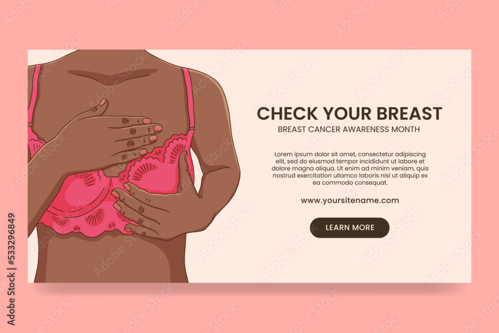 Female breast health social media banner template. Black woman wearing pink lace bra